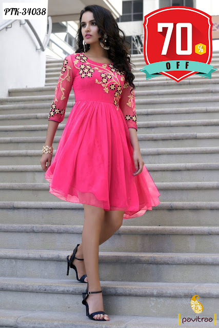Colorful Holi Festival 2016 Designer Pink Color Georgette Party Wear Kurti with Holi Special Offer 70% Off Discount Sale at Pavitraa.in