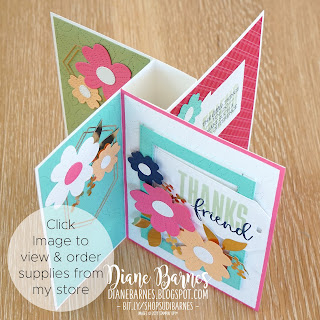 Handmade 3d fancy fold pinwheel tower card. Made by Stampin' Up! supplies: Biggest Wish - Pierced Blooms dies, Tailored Tags dies, Rectangle Stitched Dies,  Stitched Greenery die. Card by Di Barnes - Independent Demonstrator in Sydney Australia - colourmehappy - sydneystamper.