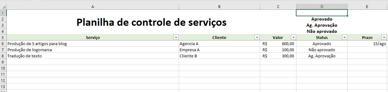 Planilha de controle de serviços em home office