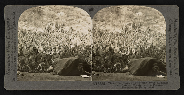 Serbians at outdoor theatre - Stereograph Card