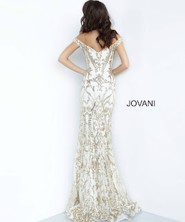 White/Gold Off the Shoulder Embellished Jovani Red Carpet Dress back design