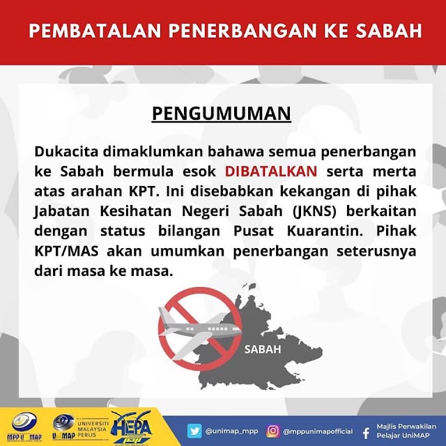 TERKINI: PENERBANGAN DARIPADA SEMENANJUNG KE SABAH BERMULA ESOK DIBATALKAN 