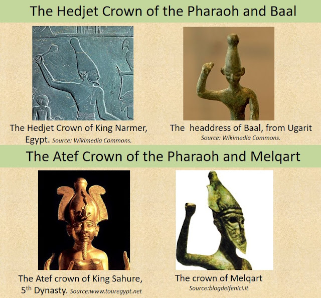 The Hedjet Crown and the Atef Crown of the Egyptian Pharaoh can be seen on Baal and Melqart respectively.