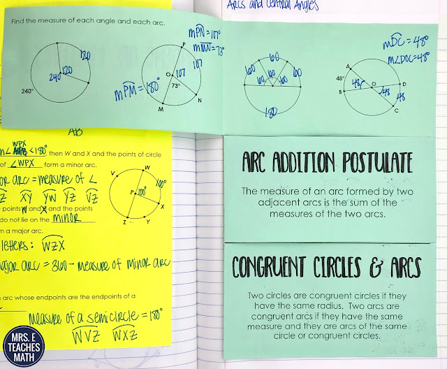 This foldable for angles and arcs in circles is perfect for high school geometry students.  My students liked the class notes and we finished up the lesson with an activity.  I started the lesson with vocabulary and finished with an extra problem for honors students.