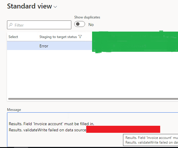 D365/Ax7 Data Entity error Results. Field 'Invoice account' must be
