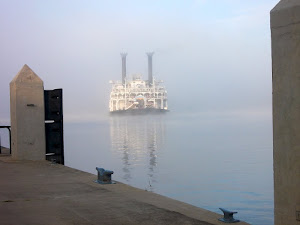 AMERICAN QUEEN emerges from the fog with 300 passengers going from Pittsburgh-Louisville.