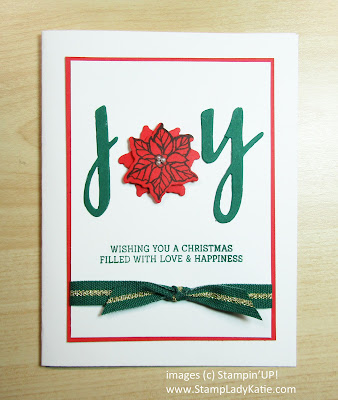 Christmas card with the word "joy" spelled out using Stampin'Up's Hand-Lettered Prose dies