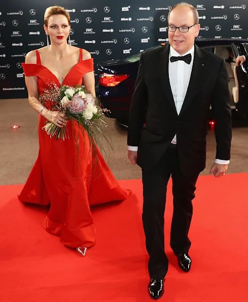 Princess Charlene of Monaco attended the 2017 Laureus World Sports Awards, wore Louis Vutton red gown