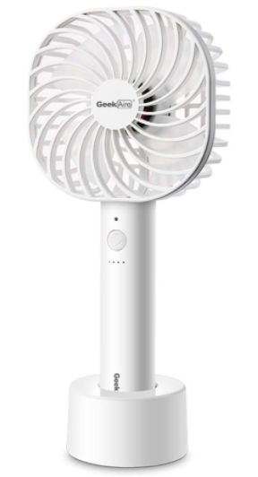 Geek Aire 5 Inch rechargeable Handheld Fan with 2600 mAh Li-ion Battery, 5 Speed Option and Table Dock (White)