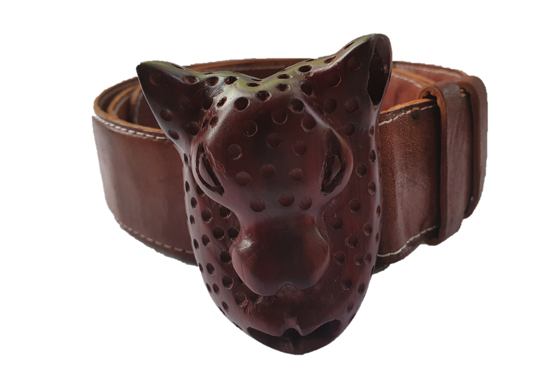 Malik Leather Belt w/ wood Tiger Buckle