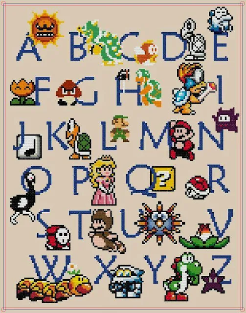 Abecedario de Super Mario Bros para Punto de Cruz. Super Mario Bros Cross Stitch Letters.