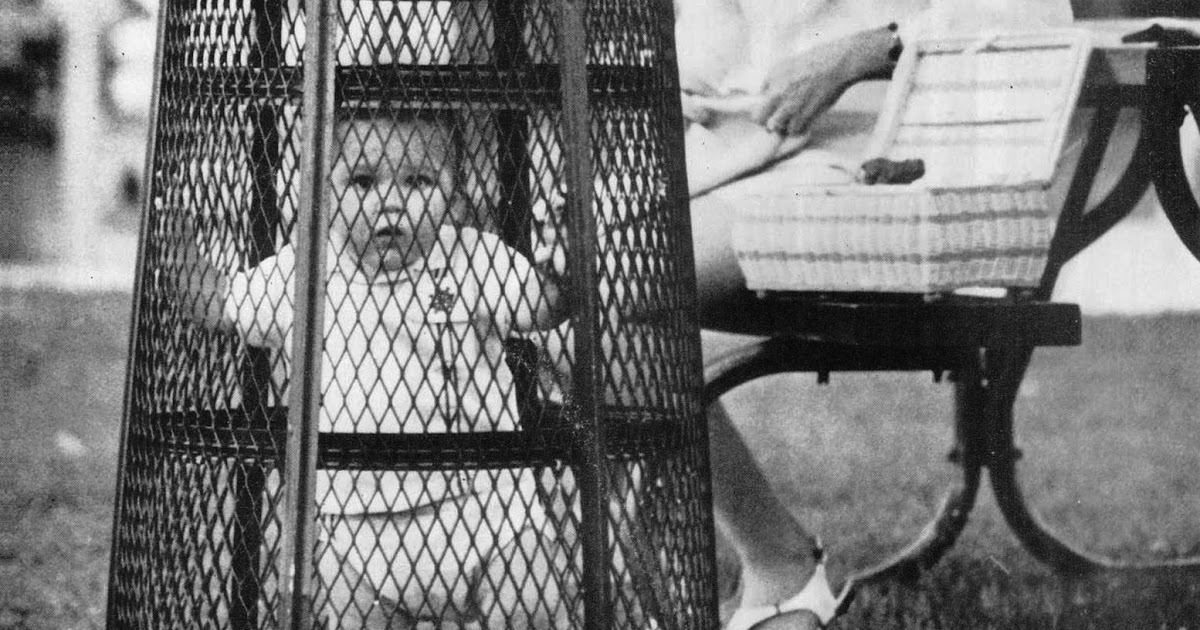 A Mom Uses a Trash Can to Contain Her Baby While She Crochets in the