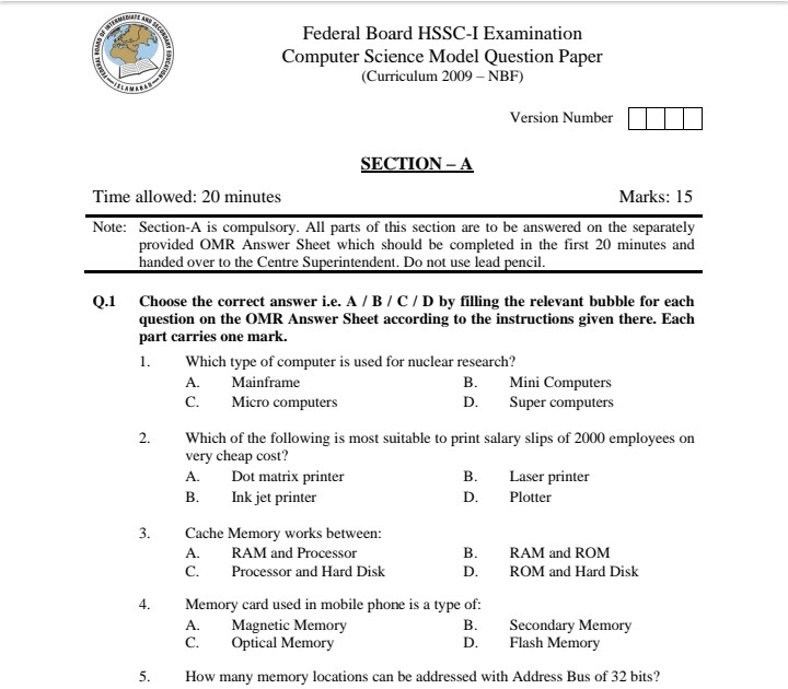 FBISE Class 11 Computer Science Model Paper With PatternBook download