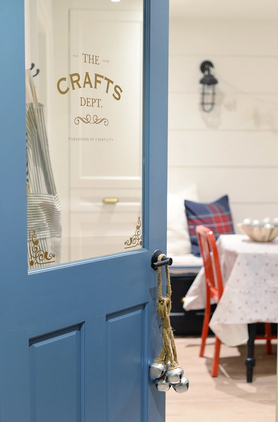 blue craft room door, christmas craft room, crafternoon party