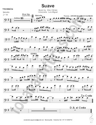 Partituras de Suave en Clave de Fa Bass Clef Sheet music. Sirve para Trombón (Trombone) / Bombardino , Chelo (Cello) / Fagot (Bassoon) y Tuba / Contrabajo (Contrabass)
