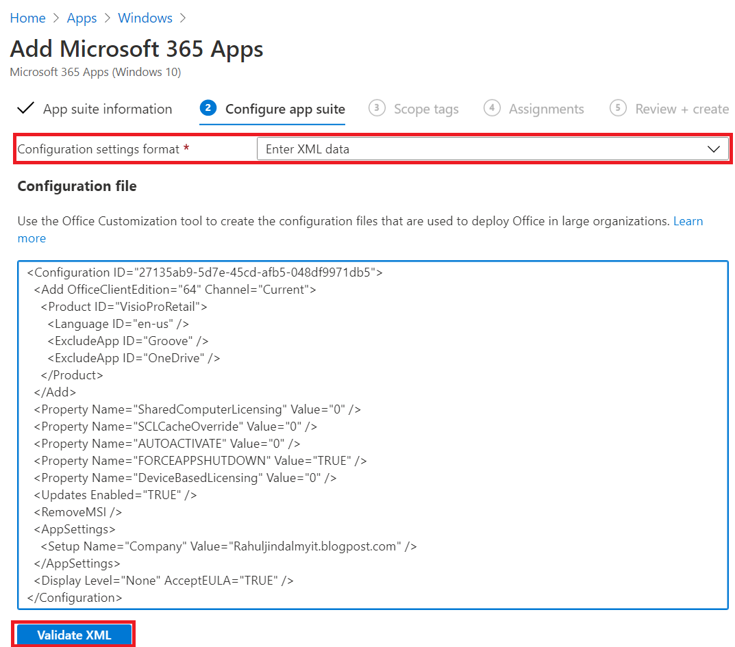 Intune How to generate a custom xml using online office config tool