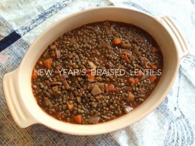 New Year's Eve Italian braised lentils with bacon and onion detail