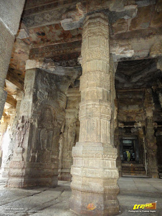 100 pillared Ranga Mandapa or Dance Hall, with Intricately sculpted pillars inside the Veerabhadra Swamy Temple at Lepakshi, in Andhra Pradesh, India