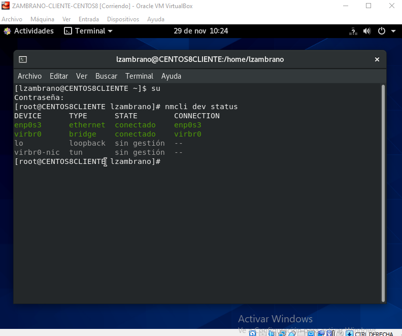 Configuración de conexion de red de CENTOS 8 CLIENTE