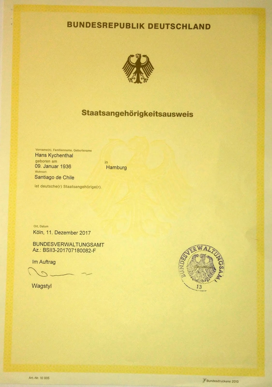 Deutsche Staatsbürgerschaft Beantragen Für Eu-bürger Online kychenthal.de: Staatsangehörigkeitsausweis für Hans