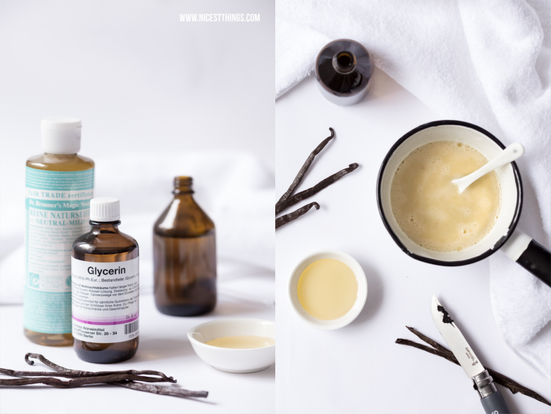 Badeschaum selber machen - Zutaten für DIY Badeschaum: Naturseife, Glycerin, Mandelöl