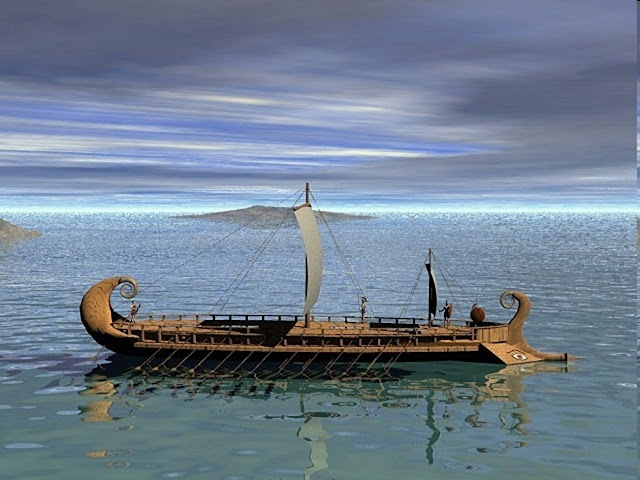 Корабль времён троянской войны. Именно на таком возвращался домой Одиссей, но Посейдон, разгневавшись, разбил судно в щепки (иллюстрация с сайта students.ou.edu).