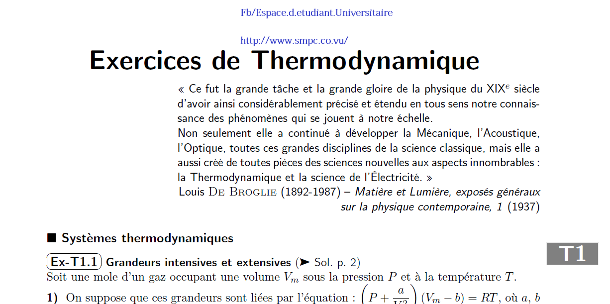Exercices de Thermodynamique avec Solution SMPC S1