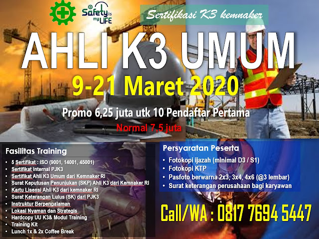 Ahli K3 Umum tgl. 9-21 Maret 2020 di Jakarta