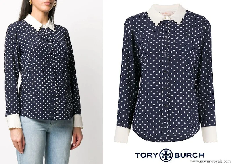 Kate Middleton wore Tory Burch navy and white polka dot blouse