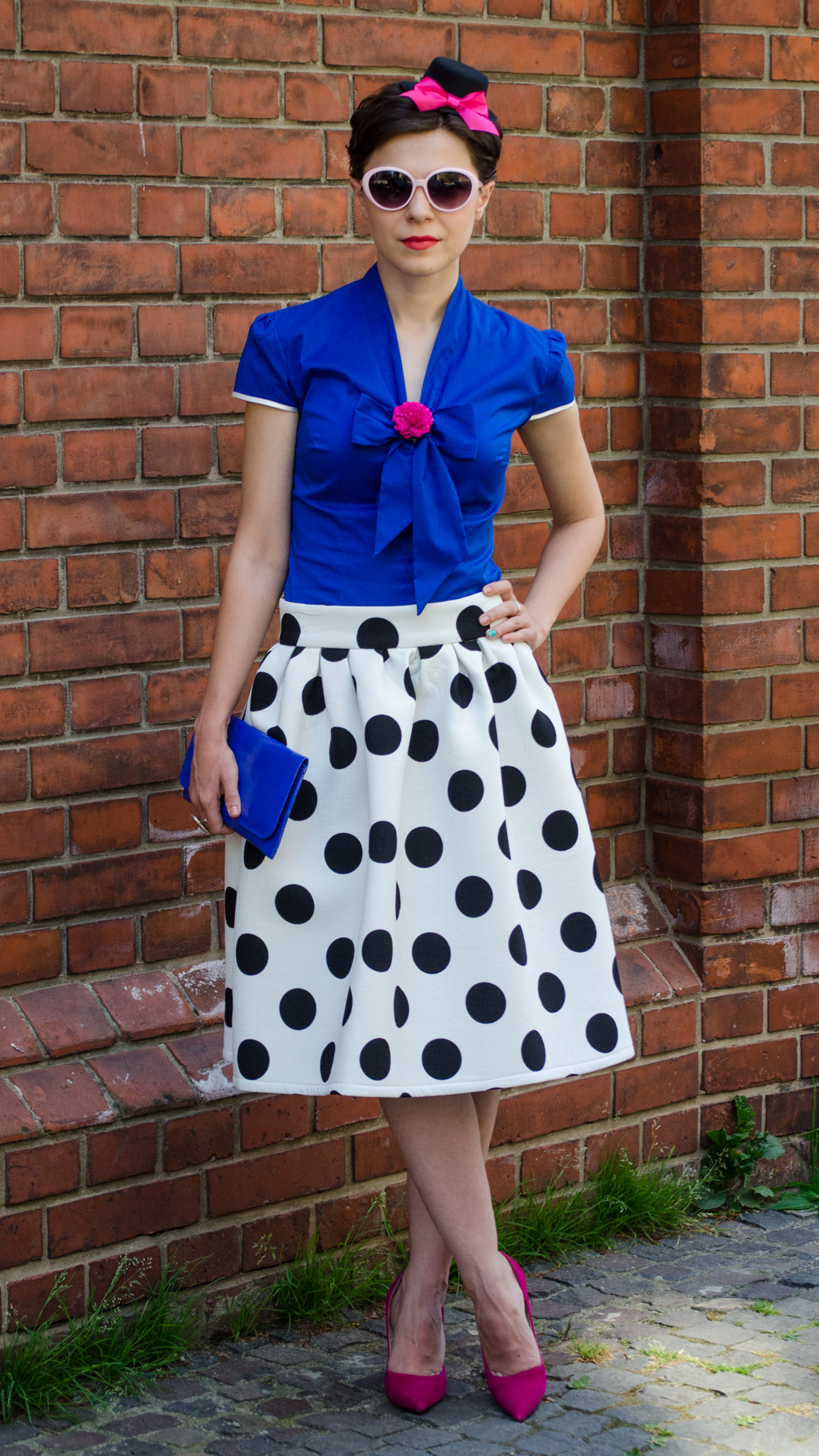 sheinside skirt big dots blue shirt fuchsia heels little topper hat clutch pink glasses wedding attire