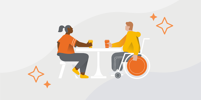 This is visual illustrative of 2 people sitting and having a drink. One of them is in a wheel chair