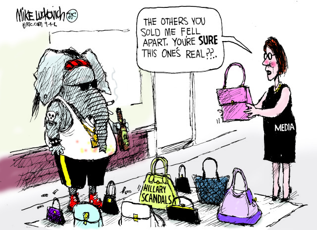 Republican Elephant on street, surrounded by purses labeled 