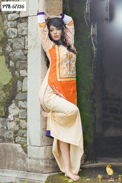 Stylish Orannge Color Fancy Pure Cotton Printed Wholesale Kurtis and Kurtas Online Shopping Collection with Cheap Price