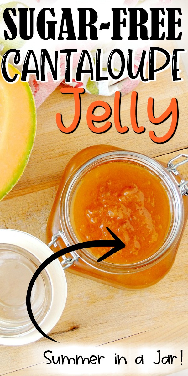 Enjoy the flavor of ripe summer cantaloupe all year long with this deliciously sweet and slightly salty sugar-free cantaloupe jelly. #sugarfree #lowcarb #keto #jelly #jam #canning #preserves #cantaloupe #recipe | bobbiskozykitchen.com