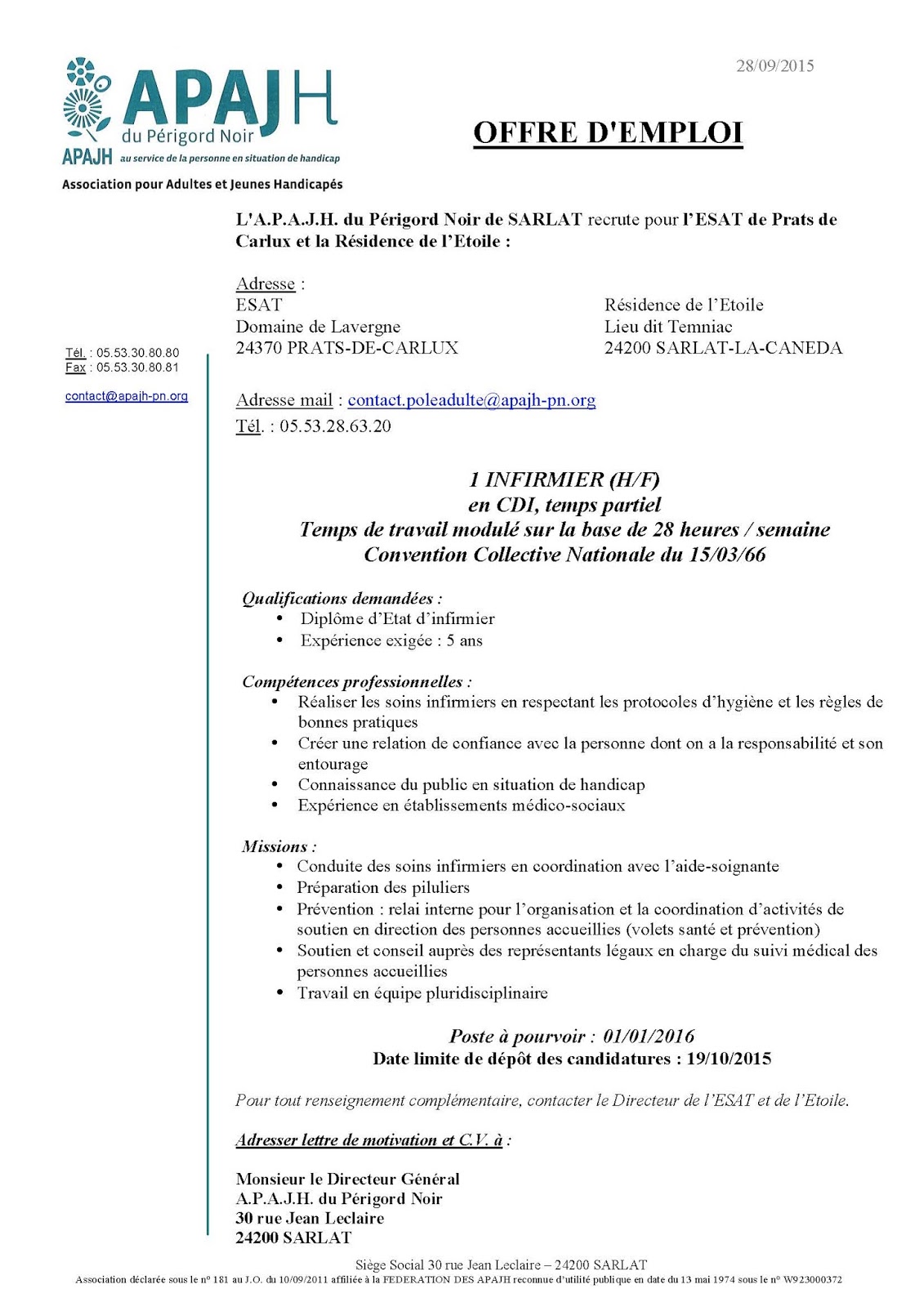 APAJHPN Offre d'emploi INFIRMIER(E) en CDI 28H APAJHPN Offre d'emploi INFIRMIER(E) en CDI 28H