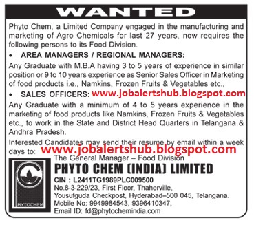 PHYTO CHEM INDIA LTD  Hiring Area Managers & Sales Managers (Any