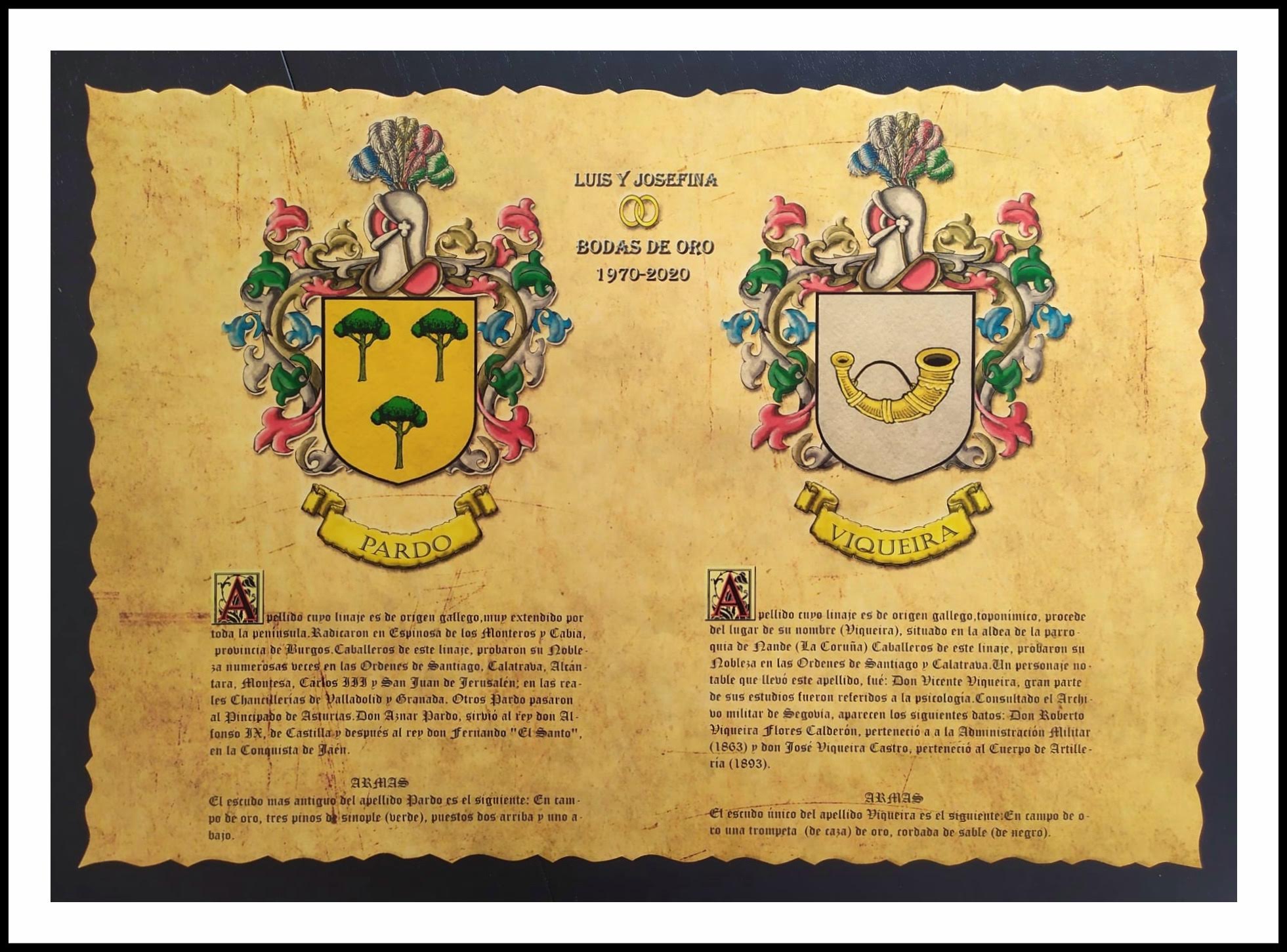 Todo de heráldica Lámina de 2 apellidos con escudos y origen ( Bodas