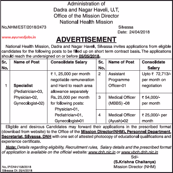 Ayurveda Jobs Vacancy for Medical Officer (AYUSH) 02 at NHM, Dadra & Nagar Haveli