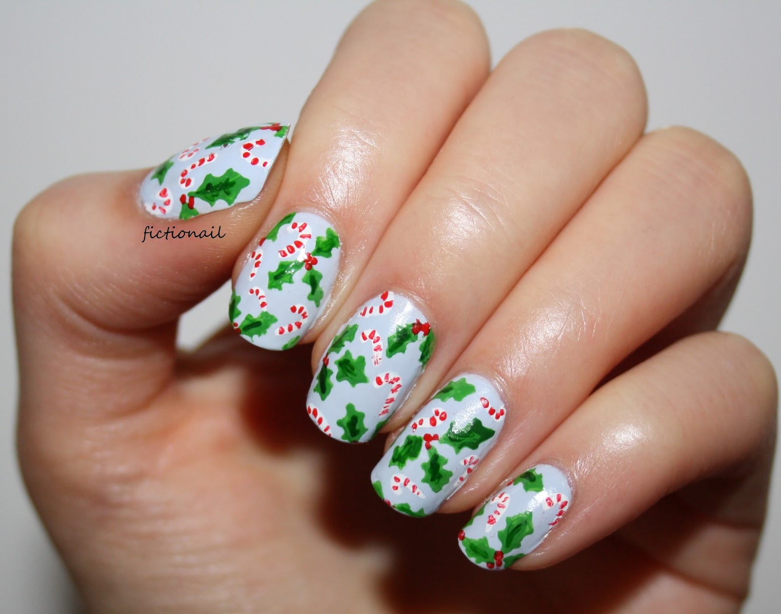 Holly and Candy Cane Christmas Nails