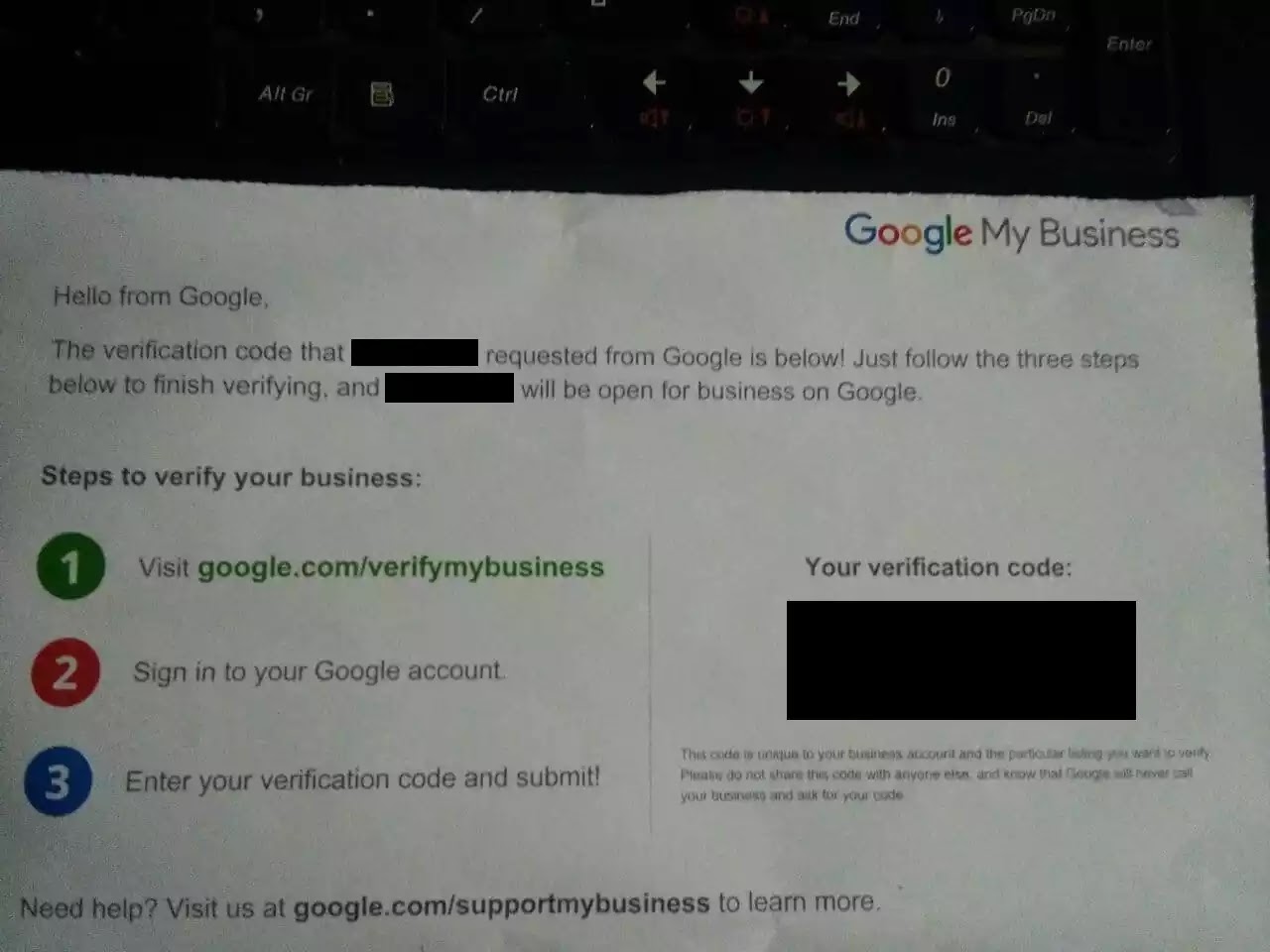 Google My Business Verification Mail