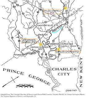 1947 Map of 18th-century Henrico Parish churches.