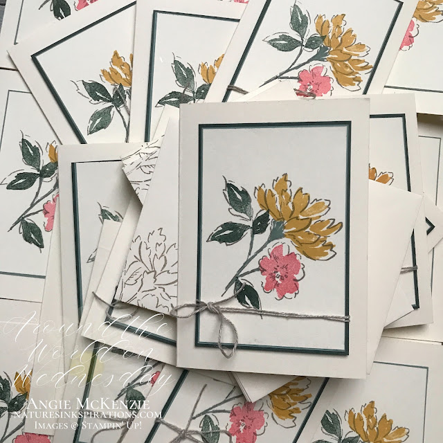 By Angie McKenzie for Around the World on Wednesday Blog Hop; Click READ or VISIT to go to my blog for details! Featuring the Hand-Penned Petals Cling Stamp Set along with Heartfelt Wishes and Love of Leaves by Stampin' Up!® to create 10 note cards in 30 minutes.