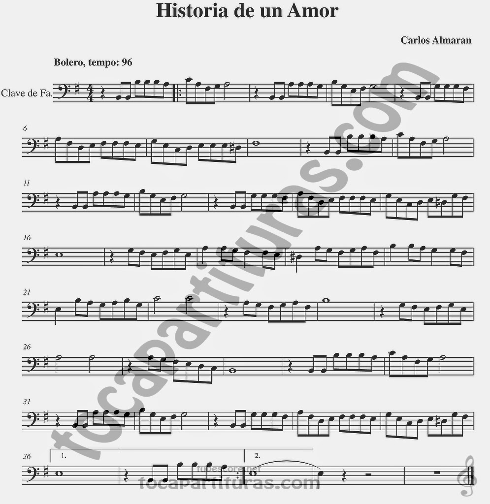 Historia de un Amor Partitura de Trombón, Chelo, Fagot, Bombardino, Tuba y otros instrumentos Partitura de Bolero Sheet Music in Bass Clef for Trombone, Chelo, Bassoon, Tube, Euphonium...