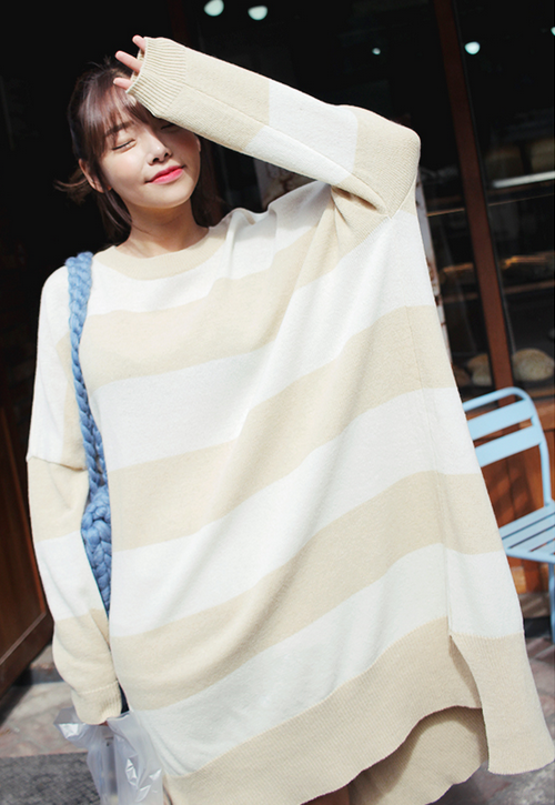 Long sleeved Knit Sweater Dress Slit Spring Long Pullover Women New Korean Loose Pull Thin 