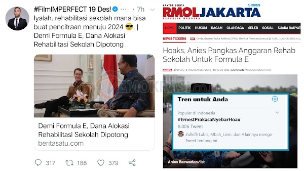 Twit Anies Pangkas Dana Rehab Sekolah demi Formula E, #ErnestPrakasaNyebarHoax Trending