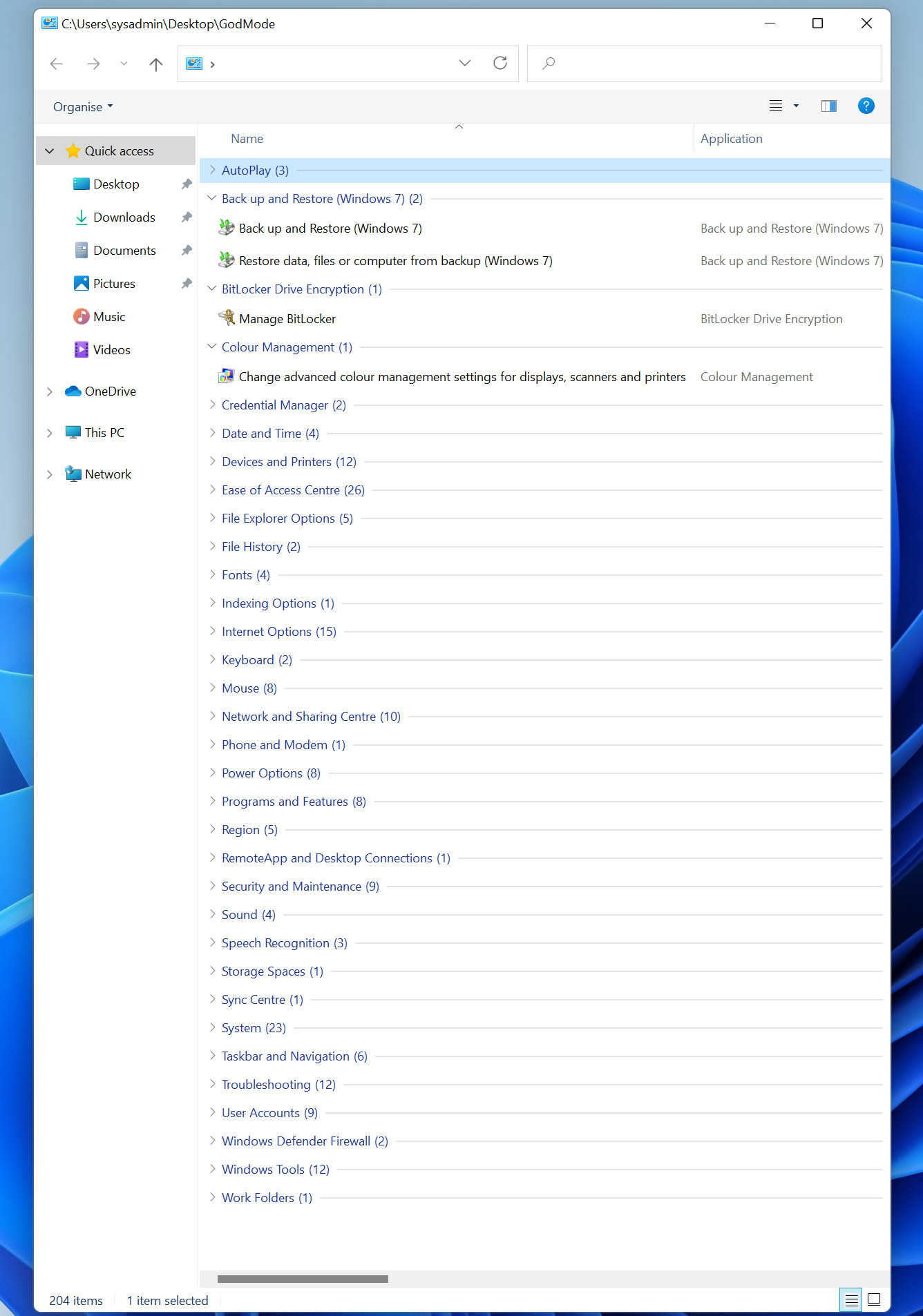Windows 11 God Mode shortcut to all control panel settings