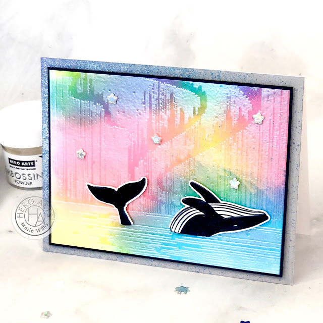 #cardbomb, Maria Willis, #heroarts, #mymonthyhero, #mymonthyherojune2020, #stamp, #cards, #ink, #paper, #papercraft, #craft, #video, #videotutorial, #art, #color, #tonicstudios, #tonicstudiosusa, #nuvo, whale, northern lights, aurora borealis, background techniques, 