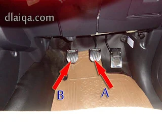 kaki kiri pada pedal kopling (B) dan kaki kanan pada pedal rem (A)