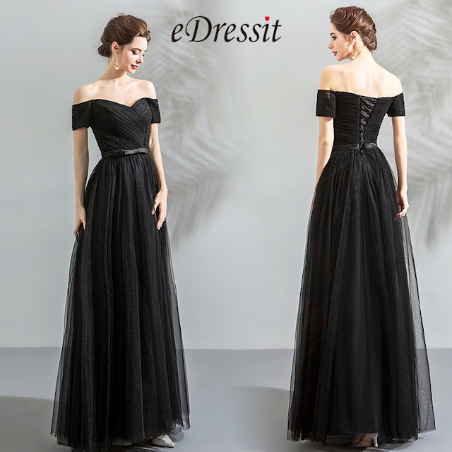 Black Off Shoulder pleated Bodice Party Prom Dress