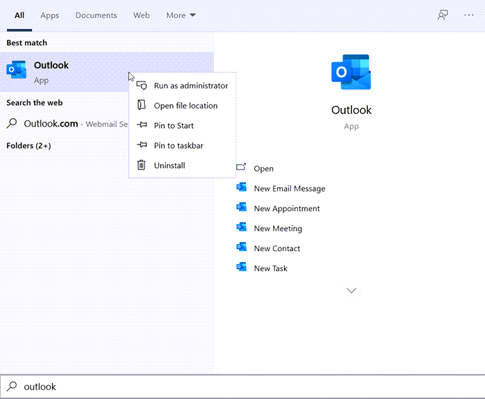 Открыть местоположение Outlook в Windows 10